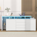 Buffet blanc avec lumiere LED, deux portes, quatre tiroirs et etagere vitree
