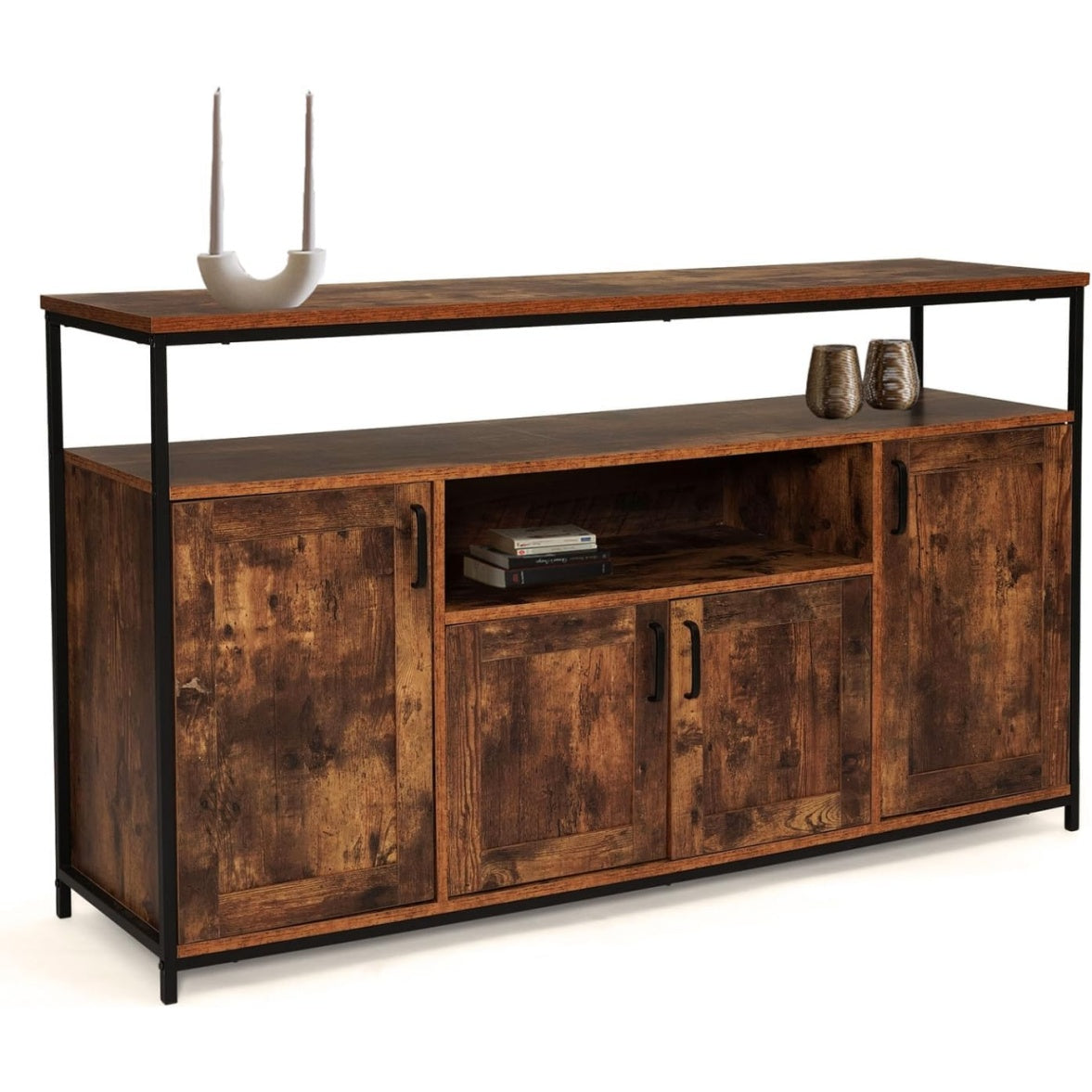 Meuble industriel 140 cm effet bois vieilli avec quatre portes et niche ouverte decorative