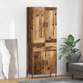 Armoire haute effet bois vieilli 69,5 x 34 x 180 cm avec quatre portes battantes et poignees metalliques, rangement elegant pour interieur