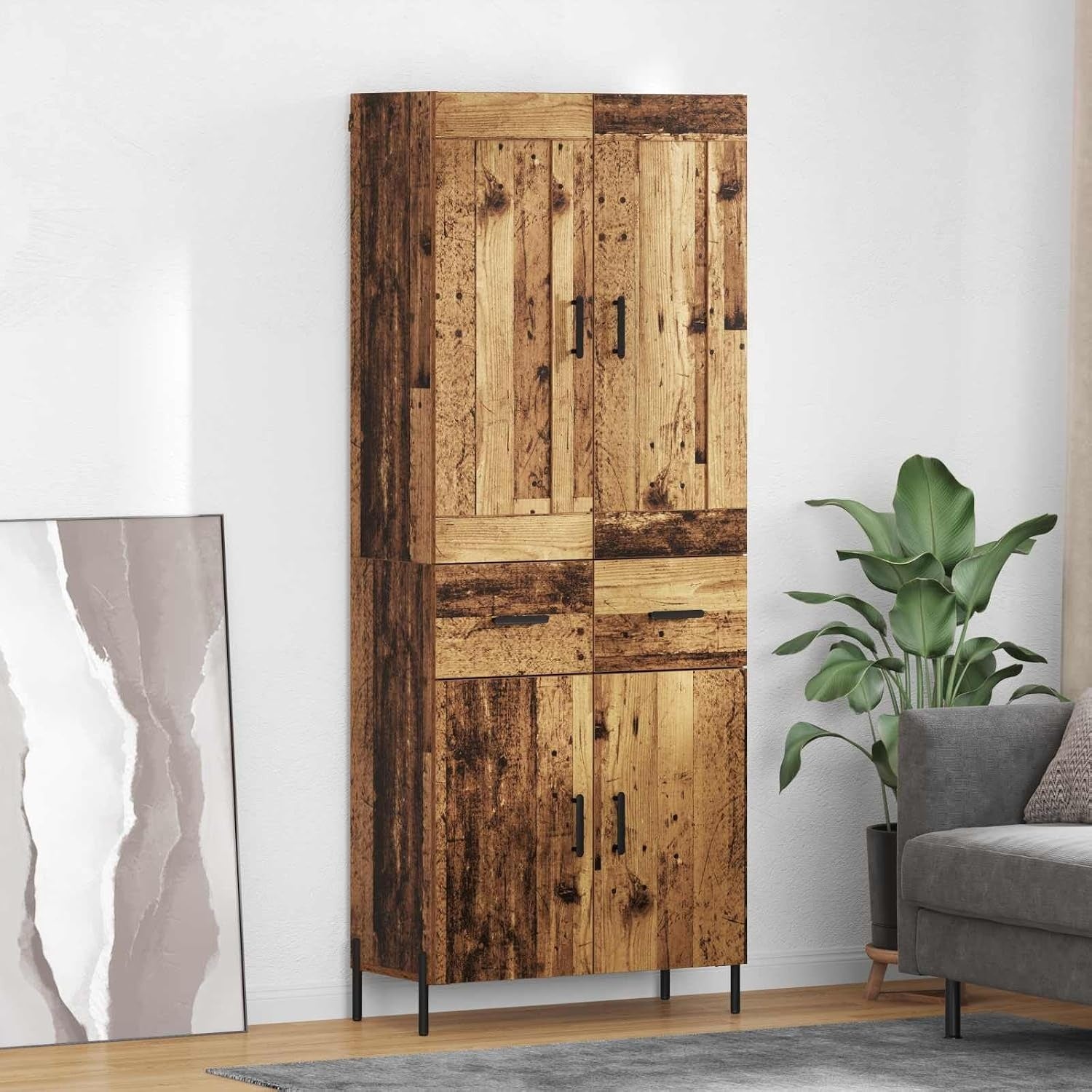 Armoire haute effet bois vieilli 69,5 x 34 x 180 cm avec quatre portes battantes et poignees metalliques, rangement elegant pour interieur