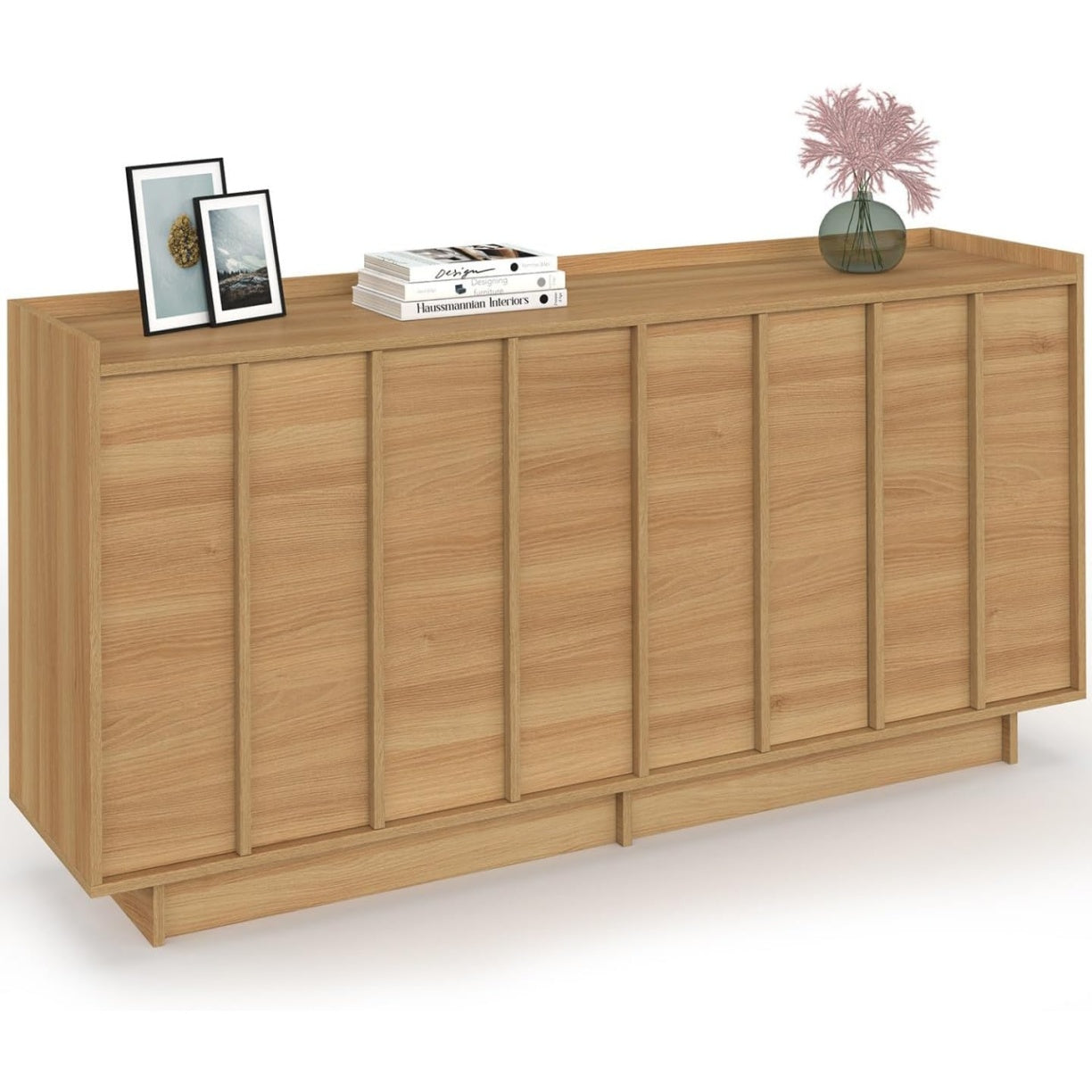 Meuble de rangement effet hetre 160 cm au design minimaliste avec quatre portes, parfait pour une decoration interieure epuree