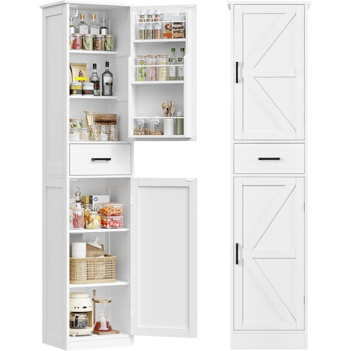 Colonne de cuisine blanche 40 x 30 x 170 cm avec tiroir et tablettes reglables, meuble etroit pour gagner de la place