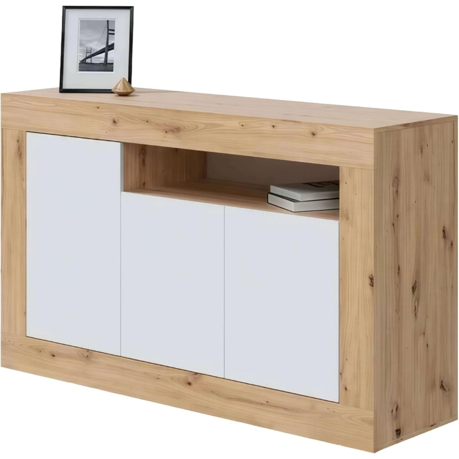 Buffet 3 portes blanc et chene avec finition moderne, meuble d'appoint 144 x 87 x 42 cm pour salon
