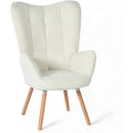 Fauteuil scandinave en bouclette avec accoudoirs rembourres et pieds en bois massif, siege cosy pour salon salle a manger ou espace bureau