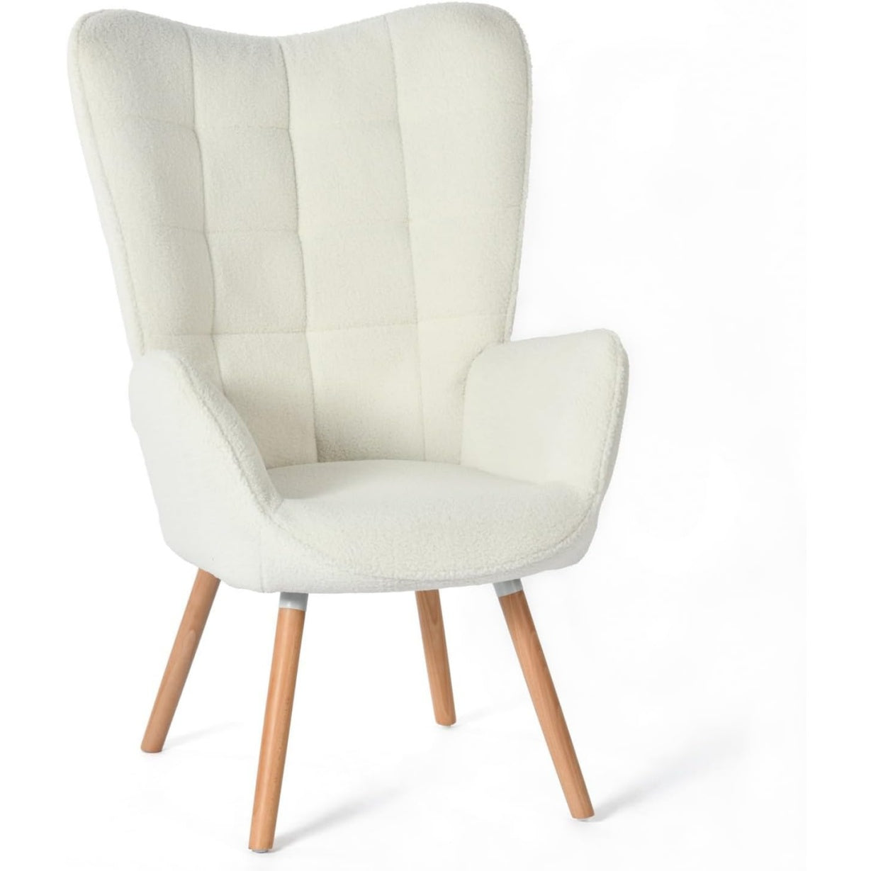 Fauteuil scandinave en bouclette avec accoudoirs rembourres et pieds en bois massif, siege cosy pour salon salle a manger ou espace bureau