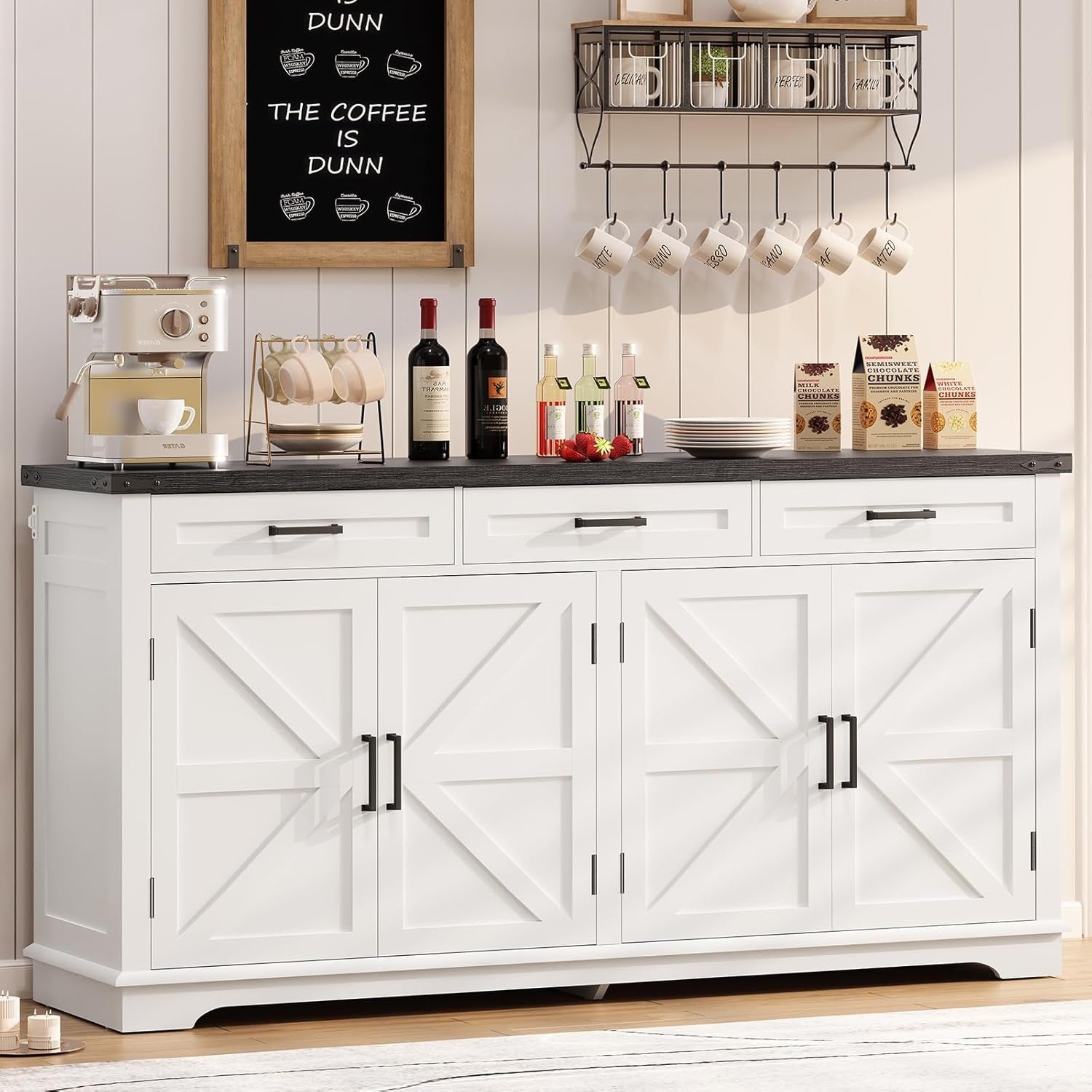 Buffet champetre 155 cm avec quatre portes et trois tiroirs, etageres modulables, meuble blanc pour cuisine et salle a manger