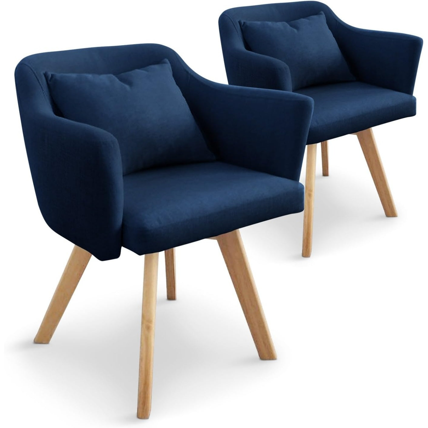 Paire de fauteuils scandinaves bleus en tissu avec pieds en bois, design doux et confortable, dimensions 58 x 58 x 70 cm