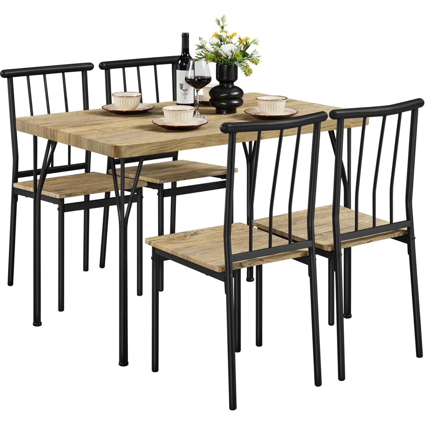 Table et quatre chaises avec combinaison brun et noir, ensemble repas moderne pour interieur