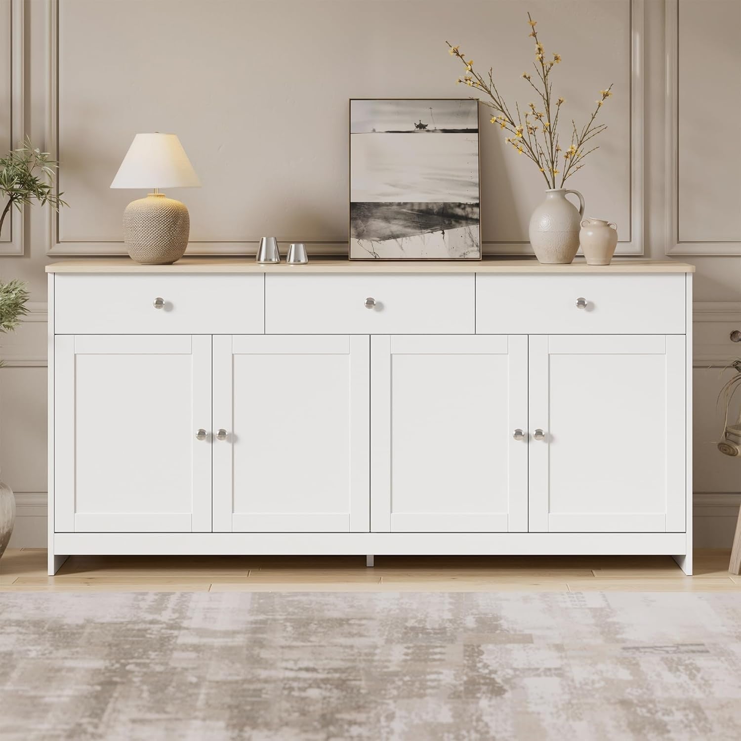 Module cuisine blanc 160 cm avec trois tiroirs, quatre portes et surface bois pratique pour preparation
