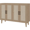 Meuble rotin et MDF 127 cm avec quatre portes, buffet haut effet bois pour chambre salon ou salle a manger