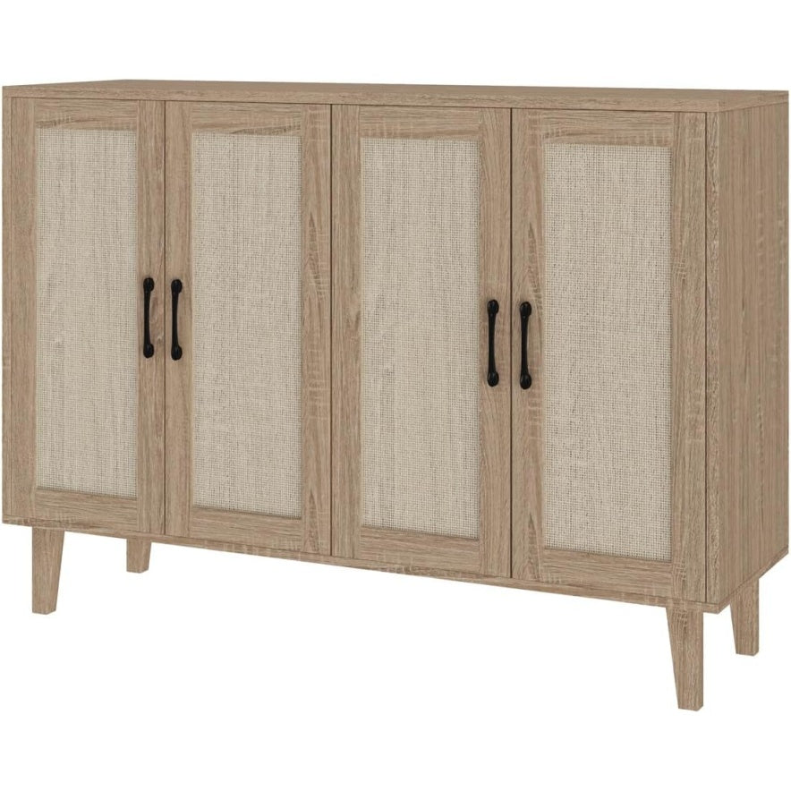 Meuble rotin et MDF 127 cm avec quatre portes, buffet haut effet bois pour chambre salon ou salle a manger