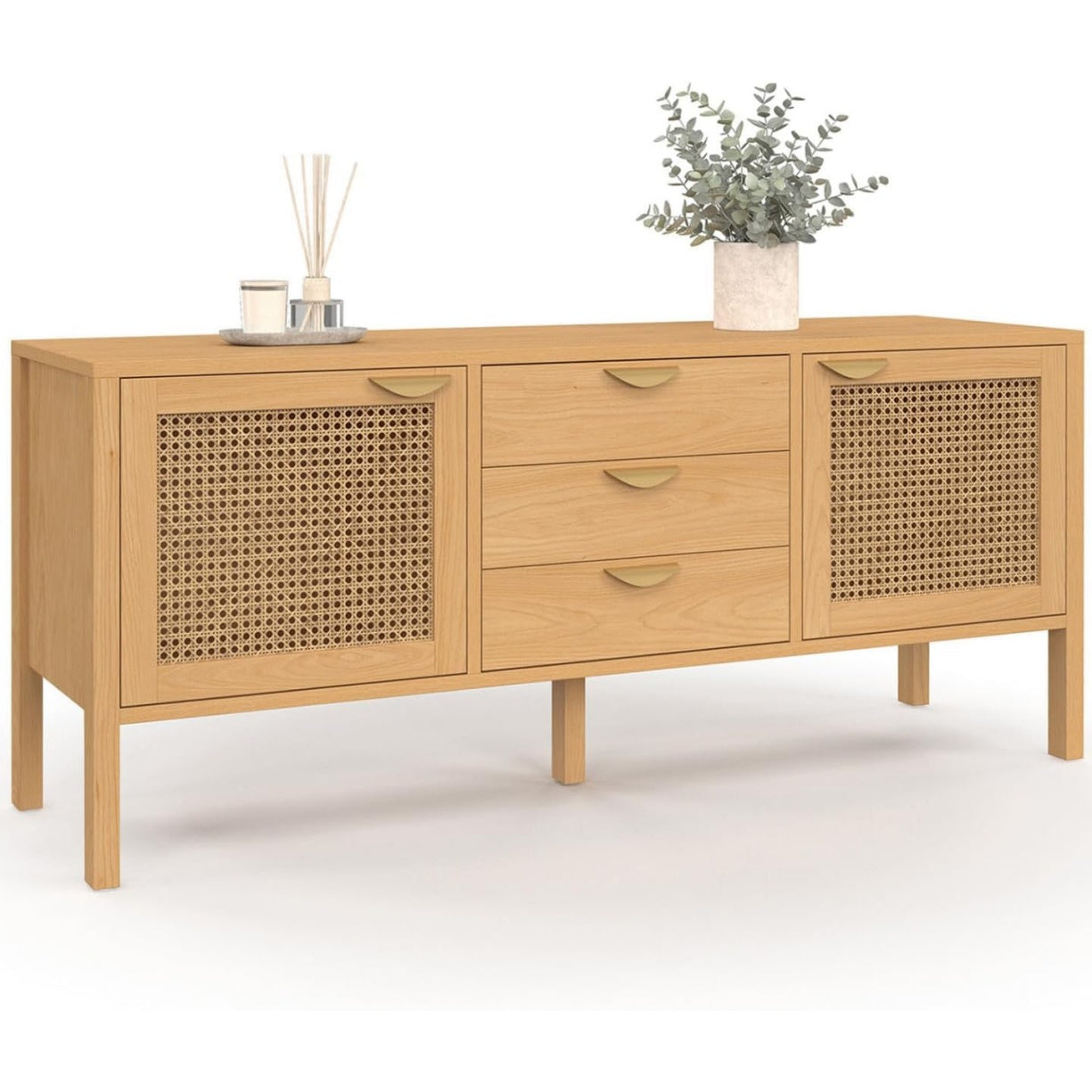 Buffet bas naturel 140 cm en bois et cannage avec deux portes et trois tiroirs, style chaleureux et moderne