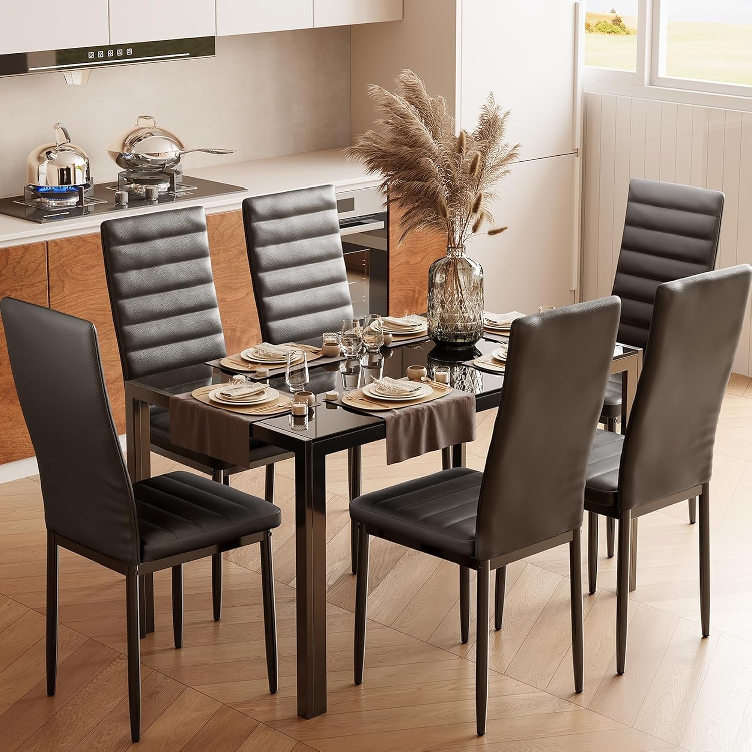 Table repas rectangulaire avec plateau en verre trempe et six chaises en simili cuir noir, ensemble complet pour interieur