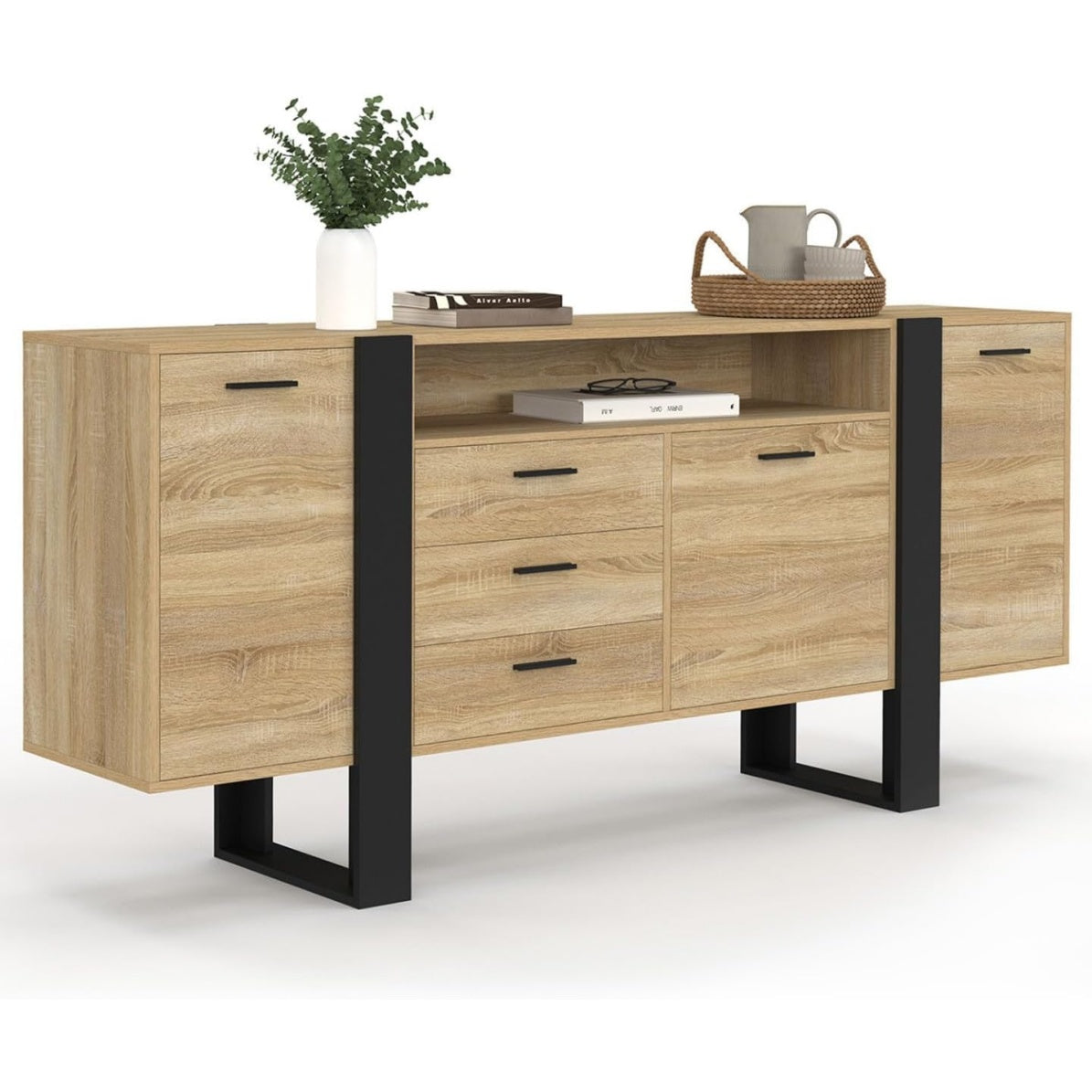 Buffet XXL 180 cm bois et noir avec trois portes, trois tiroirs et niche ouverte