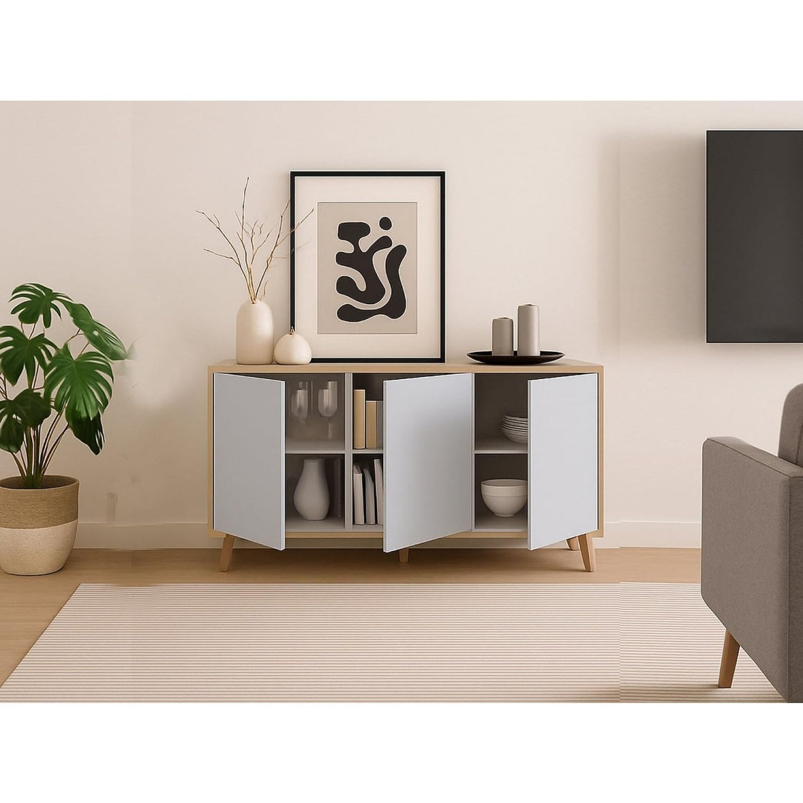 Buffet Arvada 154 x 40 x 75 cm avec trois portes et espaces de rangement, finition chene blanc pour salon ou salle a manger moderne