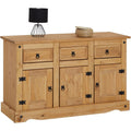 Vaisselier en bois massif avec trois portes battantes et trois tiroirs, finition artisanale style maison de campagne