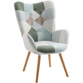 Fauteuil nordique patchwork vert avec accoudoirs rembourres, revetement tissu et pieds en bois massif pour salon salle a manger ou bureau, 68 x 50 x 106 cm