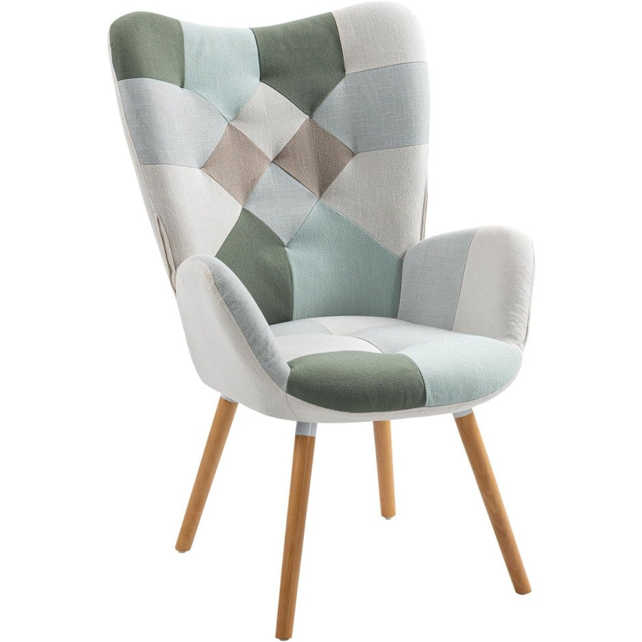 Fauteuil nordique patchwork vert avec accoudoirs rembourres, revetement tissu et pieds en bois massif pour salon salle a manger ou bureau, 68 x 50 x 106 cm