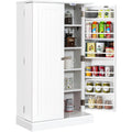 Buffet de cuisine blanc avec deux portes, plusieurs etageres reglables et systeme anti basculement pour rangement pratique