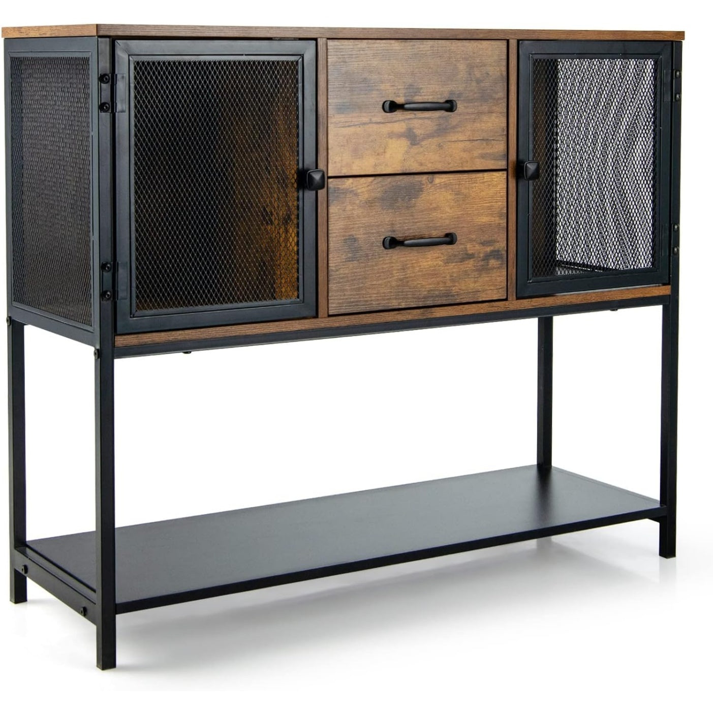 Buffet vintage industriel 100 cm avec tiroirs, casiers metalliques et portes battantes, meuble pratique pour salon cuisine ou repas