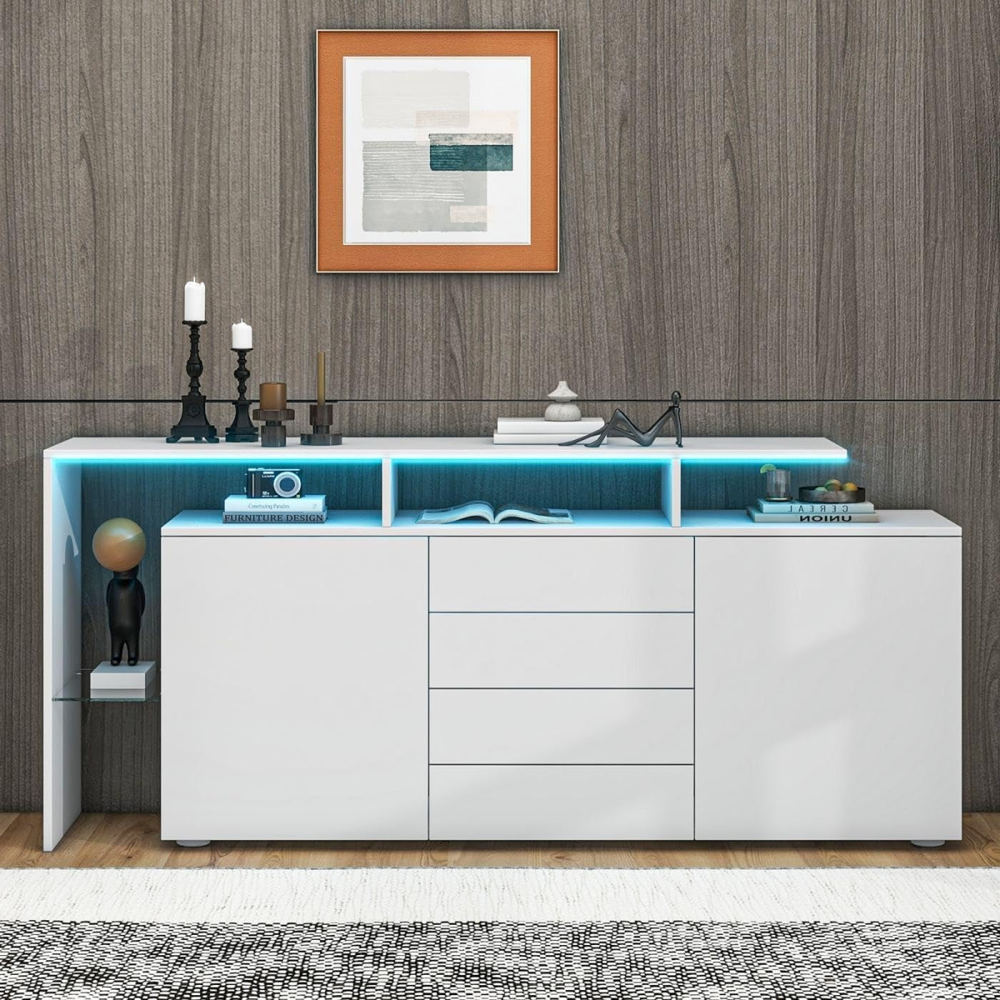 Meuble TV buffet avec eclairage LED, finition blanc brillant, rangement multifonction 160 x 35 x 70 cm pour salon moderne