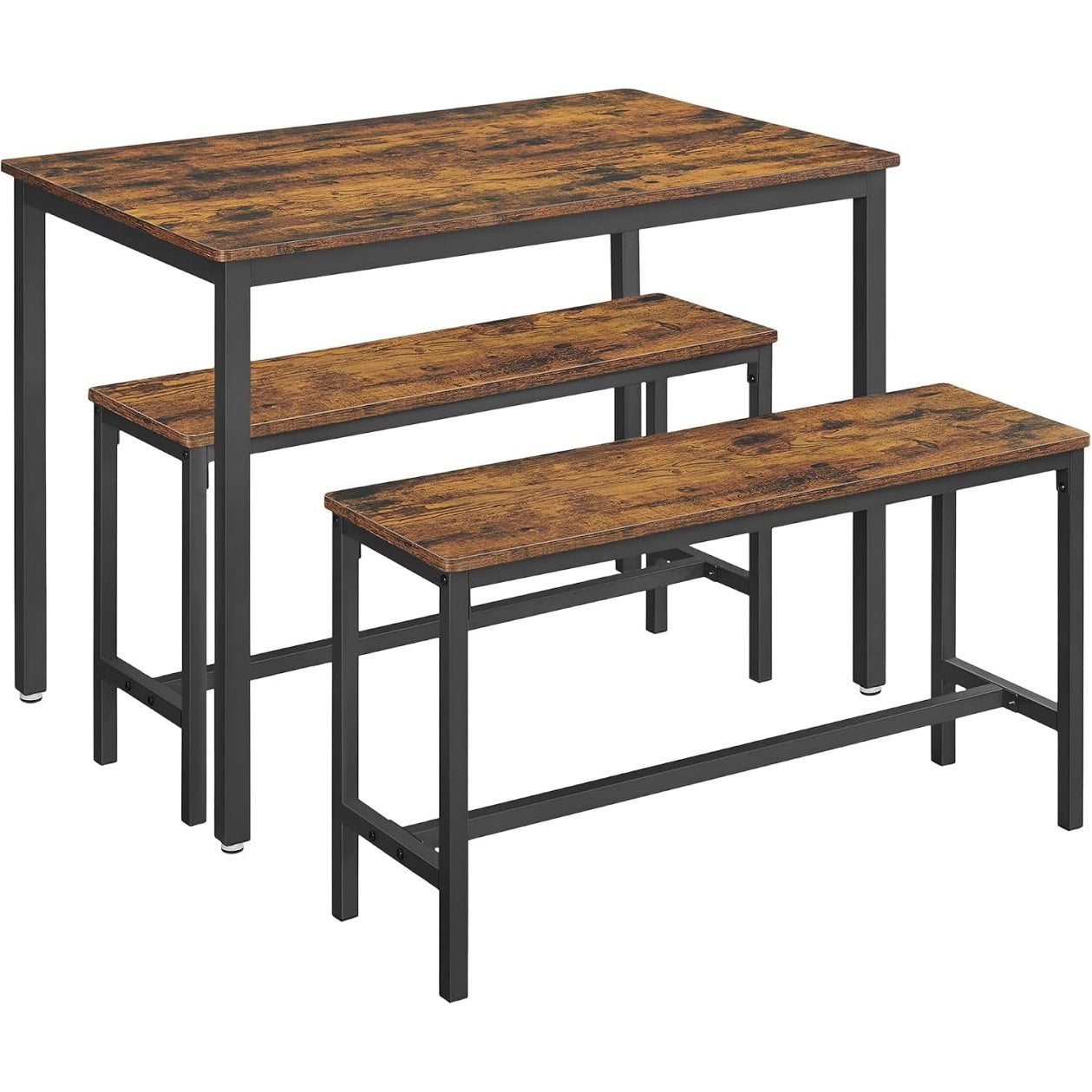 Ensemble table et deux bancs de salle a manger avec structure acier, finition bois marron rustique et noir, design industriel