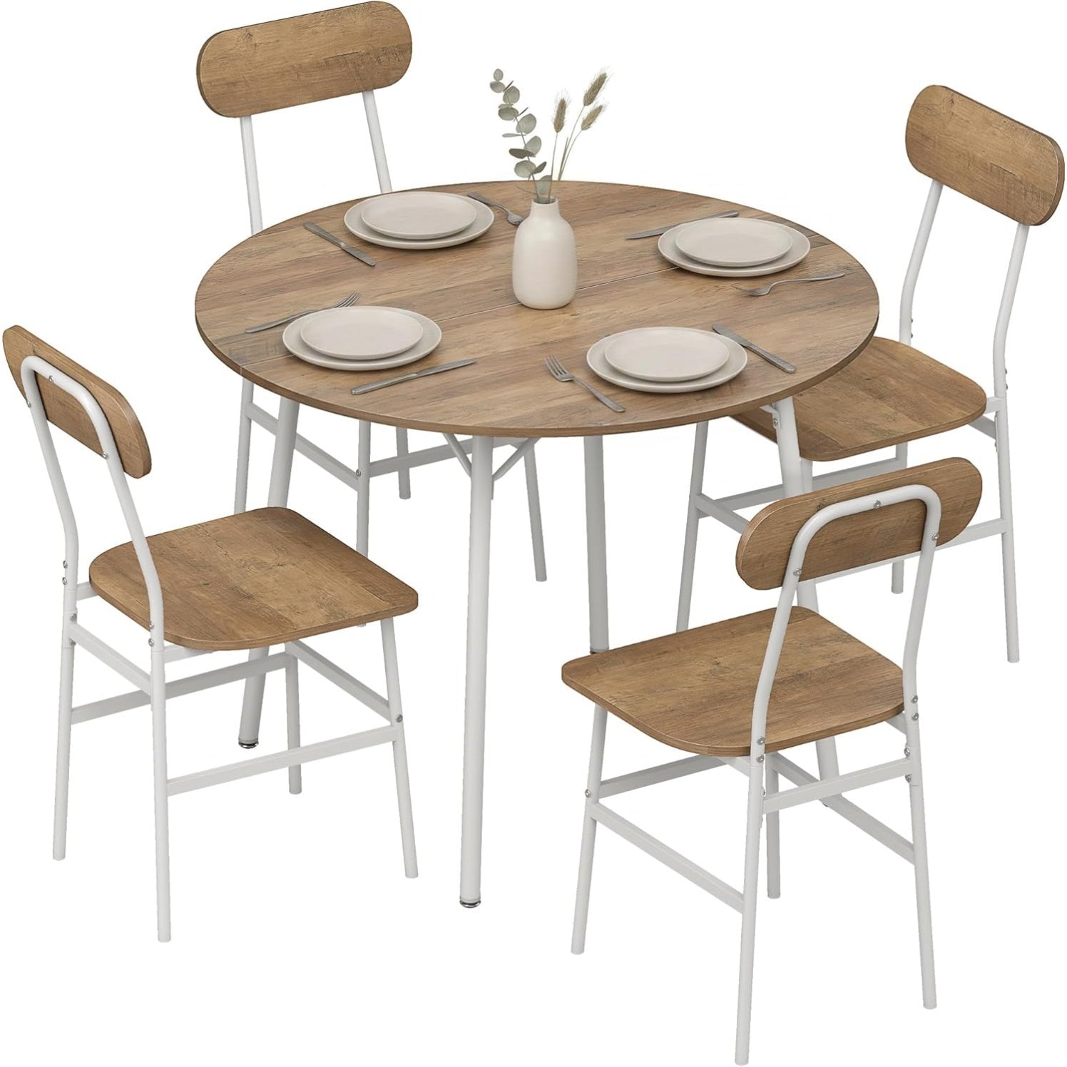 Ensemble repas complet avec table bois naturel et quatre chaises assorties, ideal pour cuisine ou salle a manger familiale