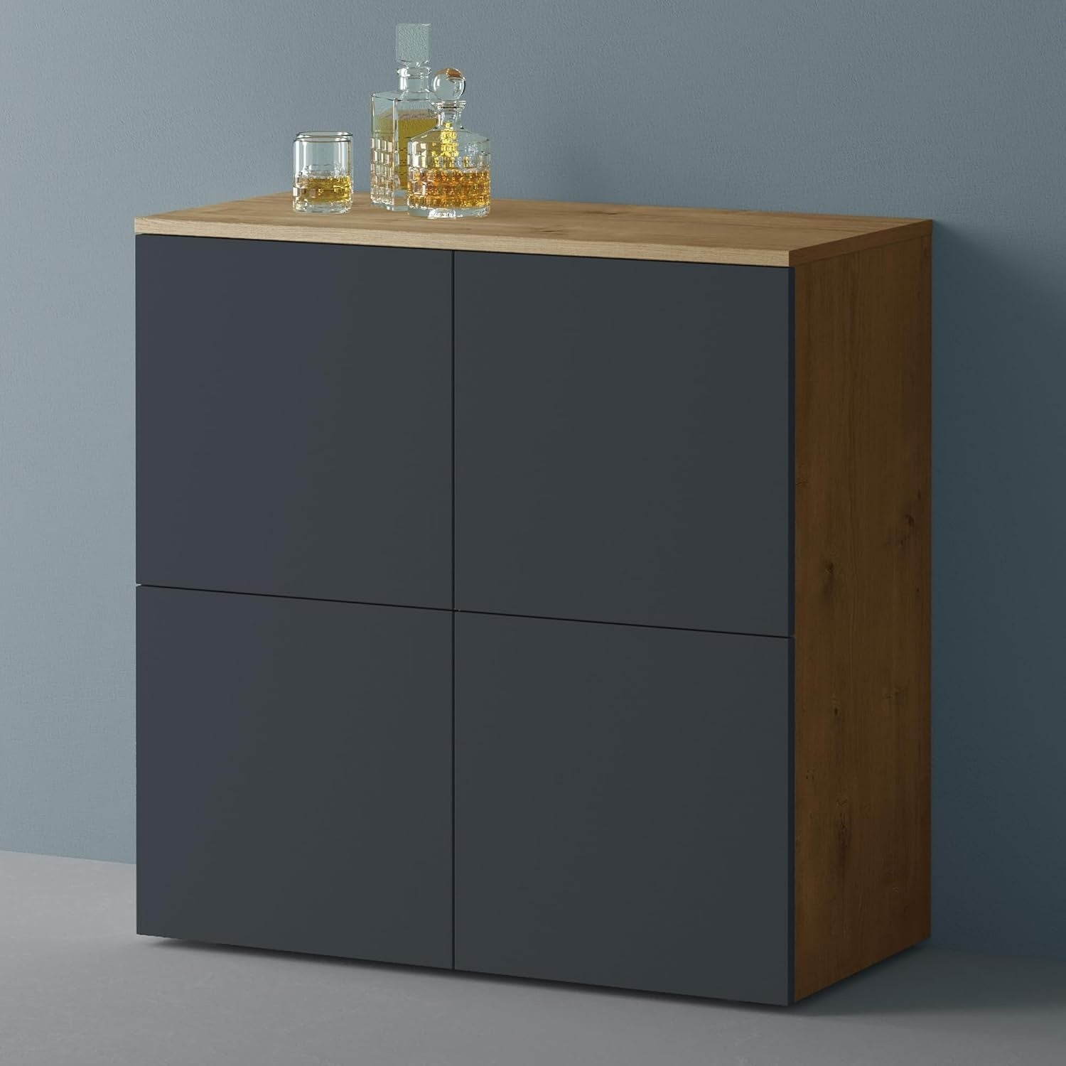 Buffet marron clair et gris noir mat 76 cm, meuble de rangement moderne pour salon ou salle a manger